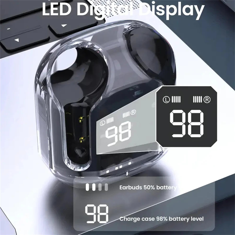 T2 Wireless Bluetooth Earphones with Transparent Design, Hi-Fi Sound, LED Power Display, and Stereo Audio for Mobile Devices