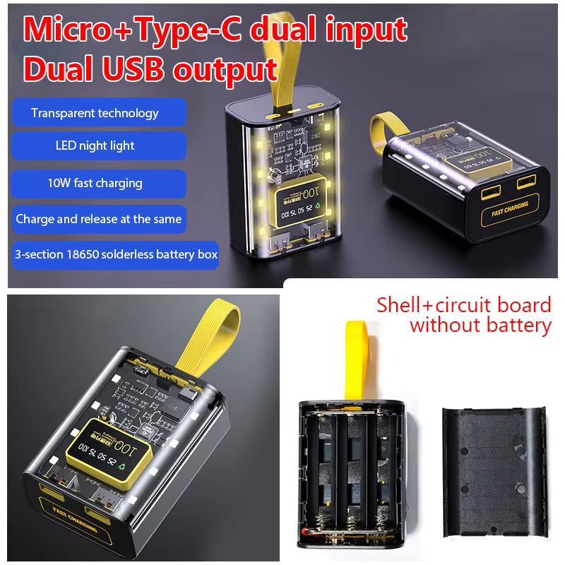 18650 Power Bank Case with Night Light and Dual USB Charging - DIY Battery Storage Box for iPhone and Xiaomi