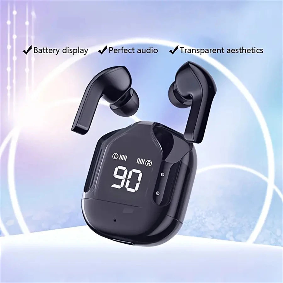 T2 Wireless Bluetooth Earphones with Transparent Design, Hi-Fi Sound, LED Power Display, and Stereo Audio for Mobile Devices