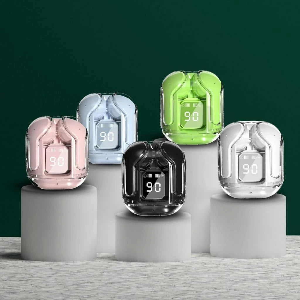 T2 Wireless Bluetooth Earphones with Transparent Design, Hi-Fi Sound, LED Power Display, and Stereo Audio for Mobile Devices