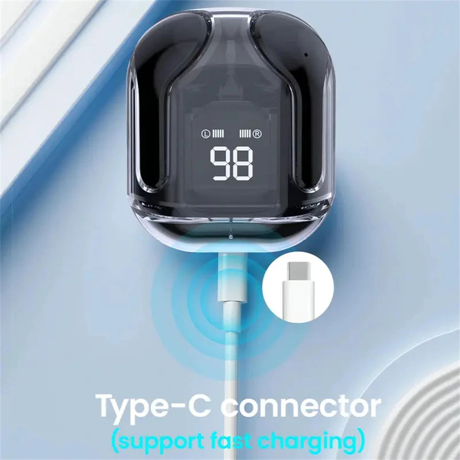 T2 Wireless Bluetooth Earphones with Transparent Design, Hi-Fi Sound, LED Power Display, and Stereo Audio for Mobile Devices