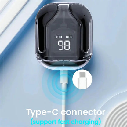 T2 Wireless Bluetooth Earphones with Transparent Design, Hi-Fi Sound, LED Power Display, and Stereo Audio for Mobile Devices